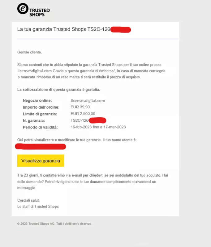 screenshot garanzia Italian